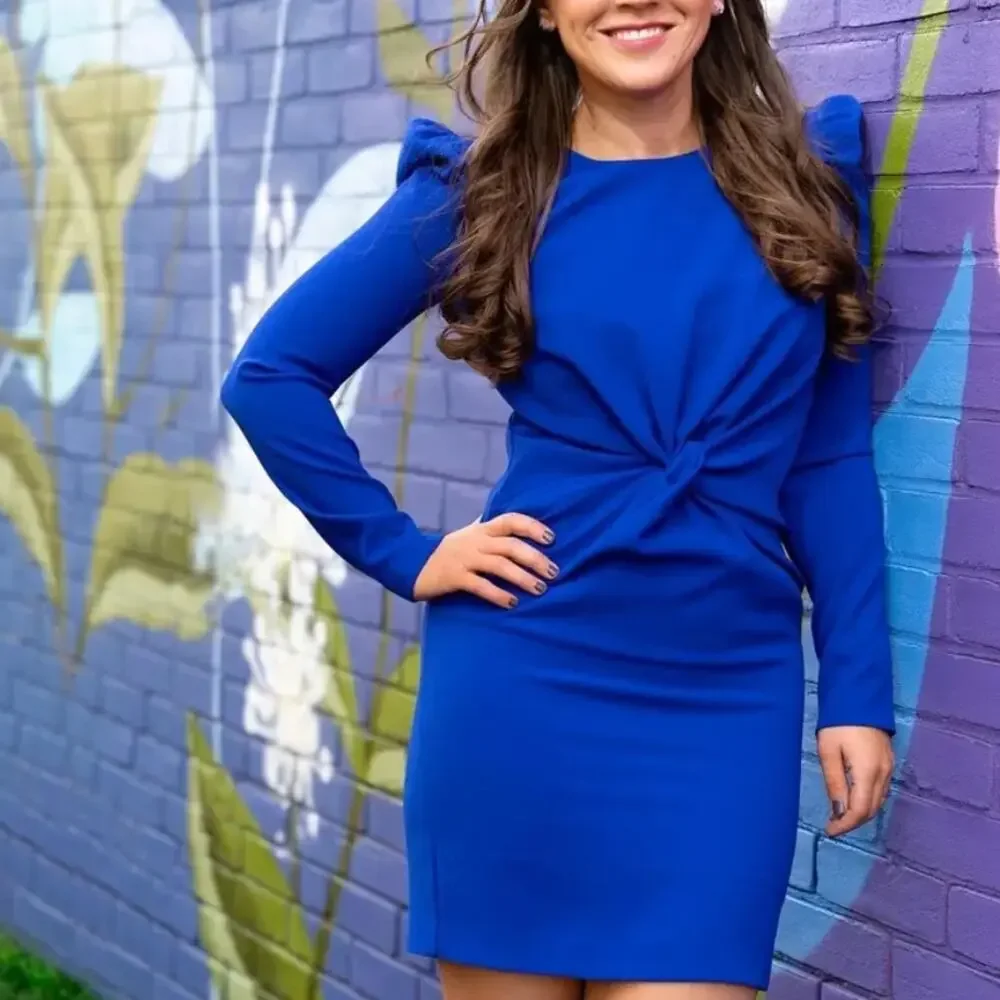 Pinko Blue Twist Sheath Dress Size 4 Career Polished Long Sleeve Designer $375 - Picture 8 of 9